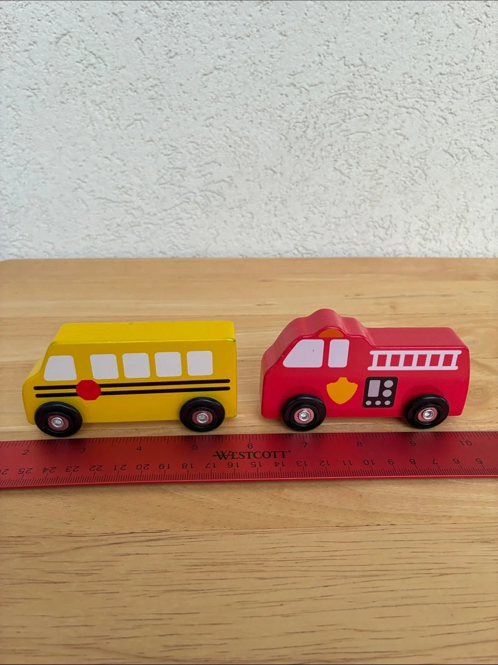 Wooden Emergency & Transport Vehicle Toy Set of 5. Fire bus ambulance plane post